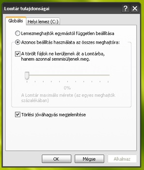 Fájlok azonnali törlése, a Lomtár kikapcsolása nélkül